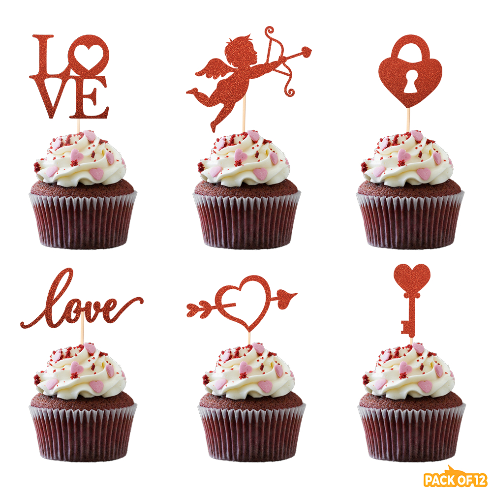 12 Pcs Valentines Day Cupcake Toppers Glitter Love Heart Cup Cake