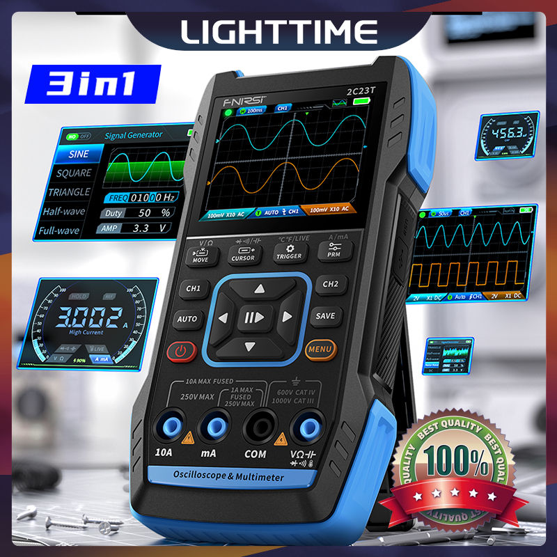 thumbnail interactive-video image 1 of FNIRSI 2C23T Portable Dual Channel Oscilloscope – Handheld Digital Multimeter + Signal Generator 1 of 3