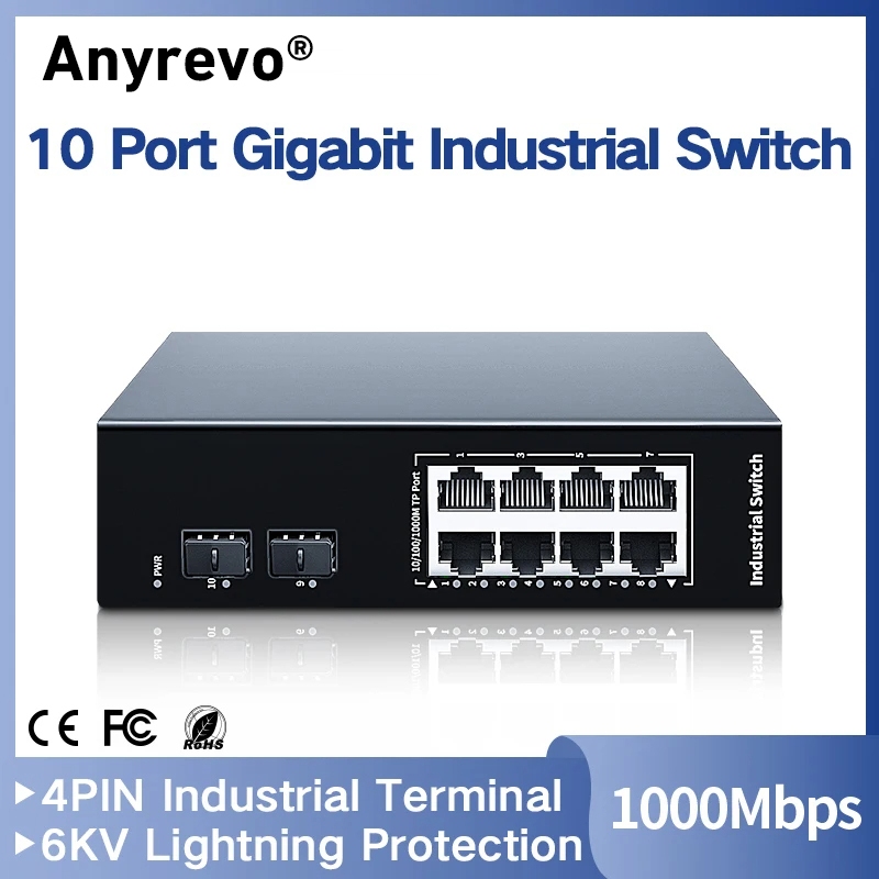 Anyrevo10 Port Gigabit Industrial Switch 1000Mbps DIN Rail 1000Base-T ...