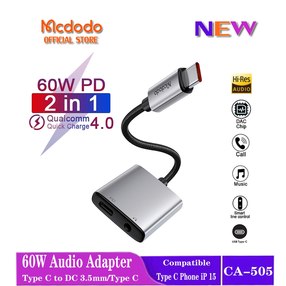Mcdodo 60W PD in Audio Adapter （Support Gaming MIC) Type C To DC  /Type C For iP 15 Pro Max Type C Android Phones CA-505