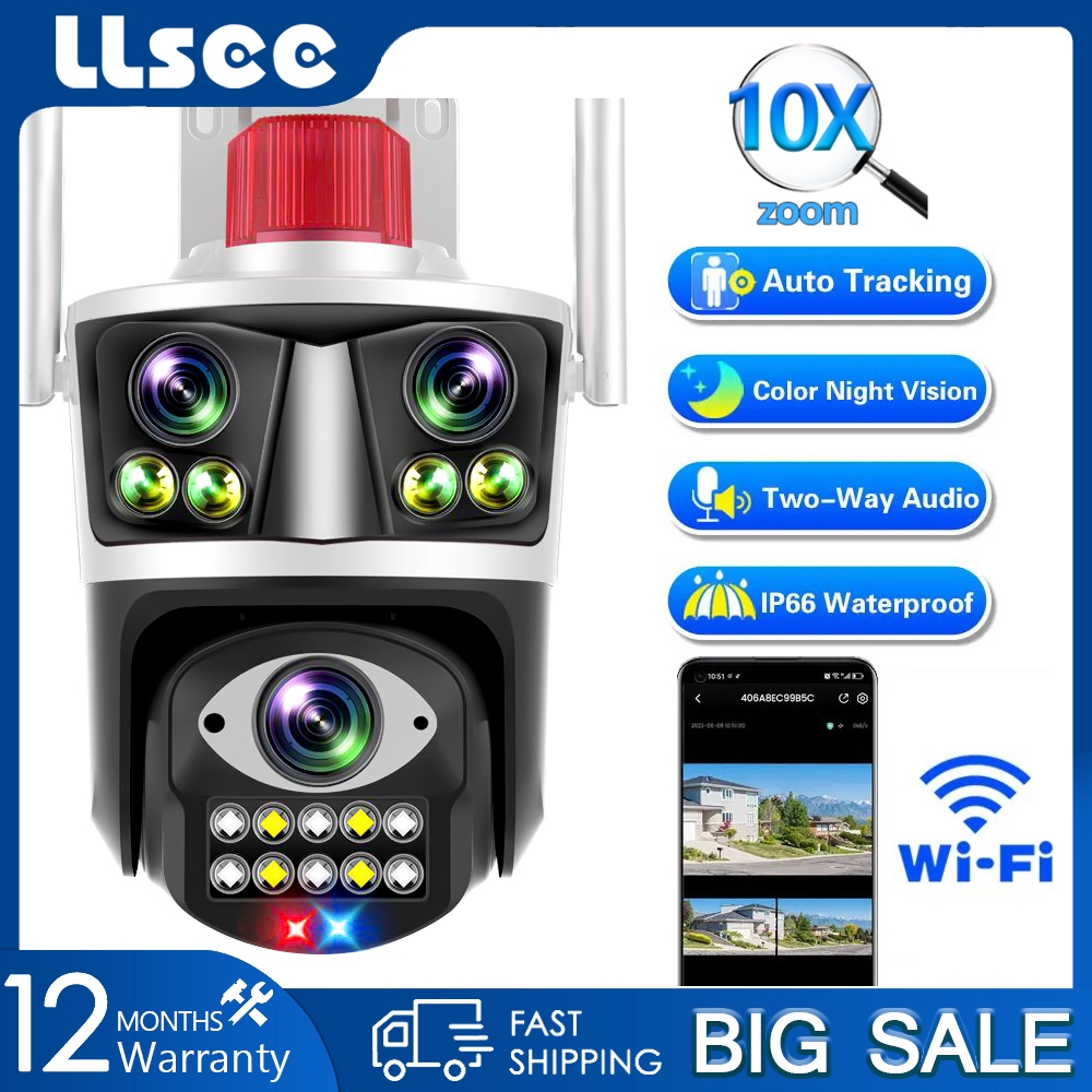 LLSEE 12MP 6K 10X magnification 3 lens CCTV wireless outdoor camera 360