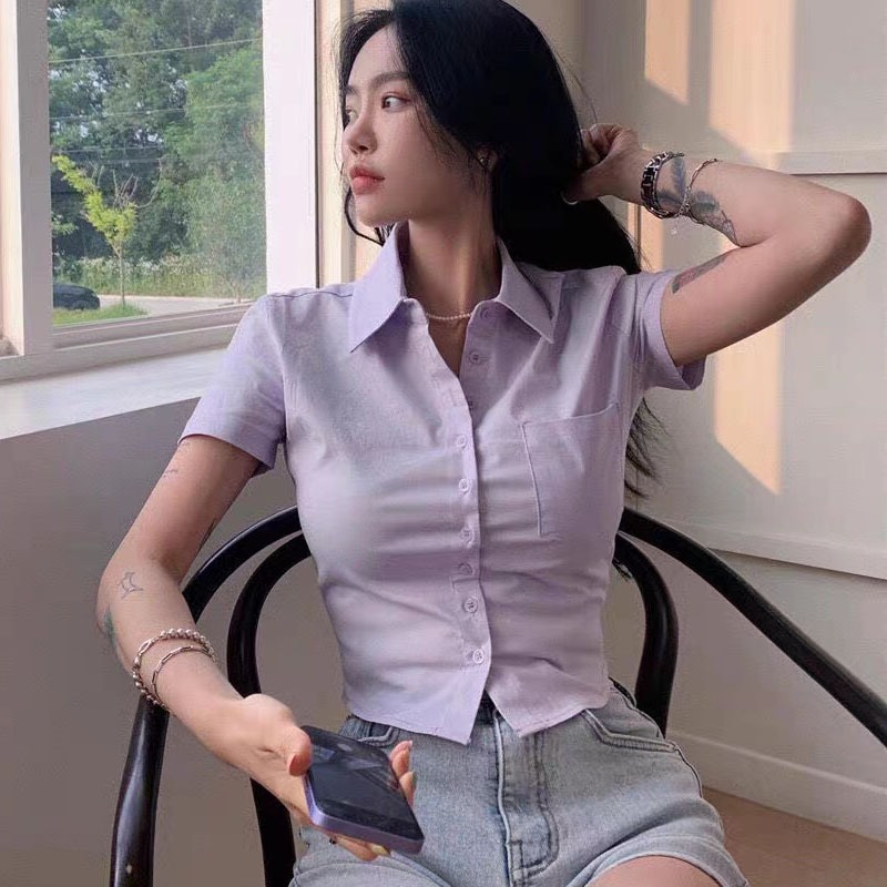 Women's Round Neck Shirt Women's Short Sleeve Top Polo Shirt Cinch Waist | Shopee Philippines