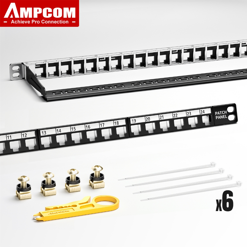 AMPCOM 24 Port Blank Keystone Patch Panel - Half U (0.5U) 19-inch ...