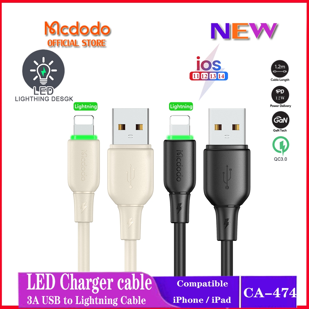 Mcdodo LED Cables CA-474 3A PD Fast Charging For Iphone 12 11 Pro Max XS XR  X IPad IPod Fast Charging Cables