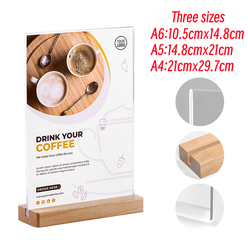 Acrylic TShape Display Stand Acrylic Table Sign with Wooden Stands,Menu Table Display Picture