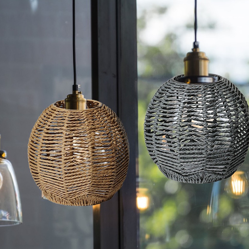 Woven Pendant Lamp Shade, Rustic Rattan Bohemian Pendant Lamp Shade