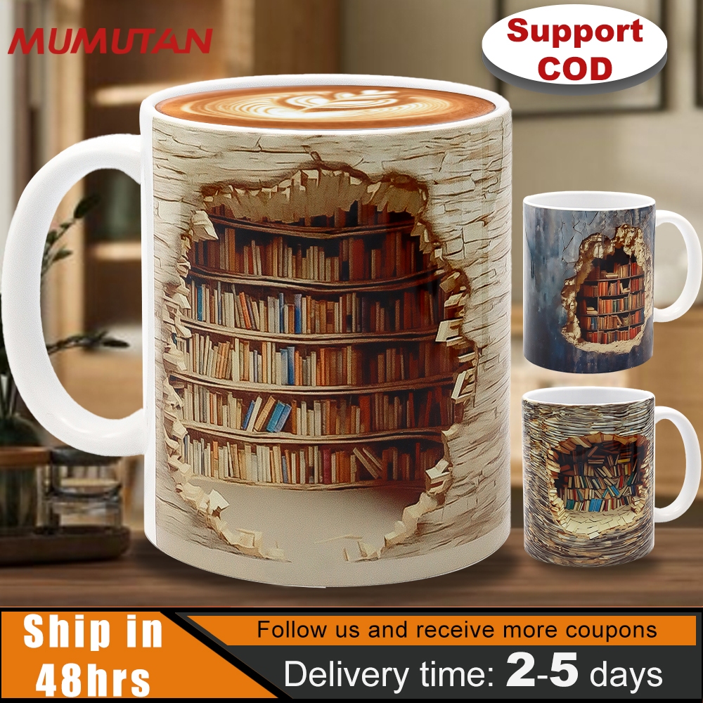 3D Bookshelf Effect Mug, 3D Bookshelf Coffee Mug, Library Shelf Cup