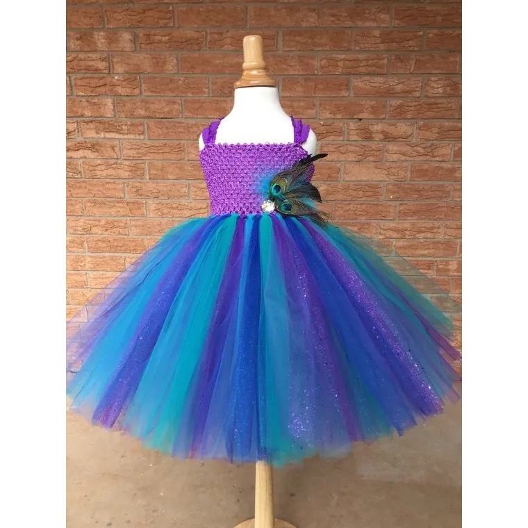 Girls Glitter Peacock Feather Tutu Dress Kids Crochet Tulle Flower