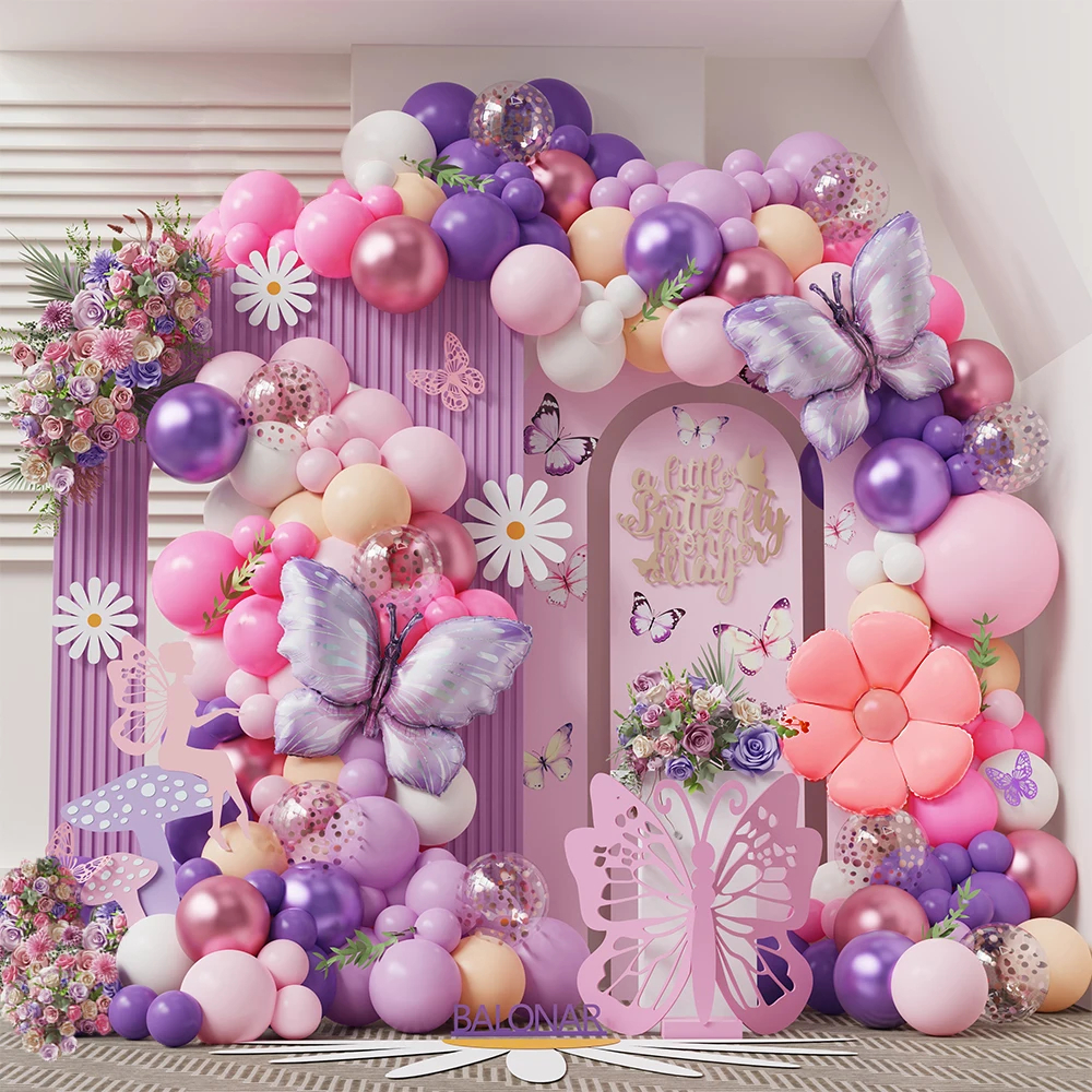 146pcs Purple Butterfly Pink Six Petals Flower Garland Balloon Spring ...