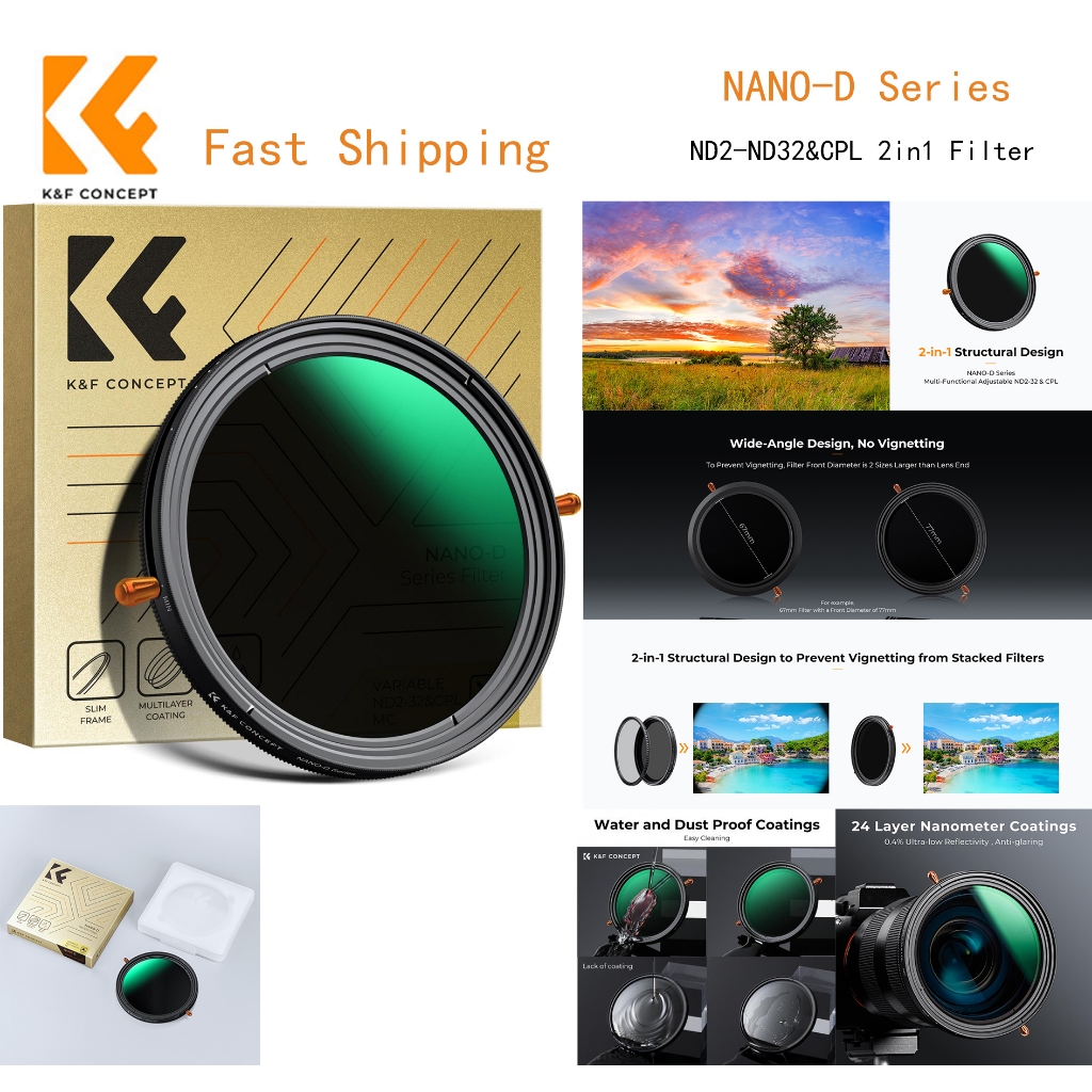 K&F Concept NANO-D ND2-ND32 CPL in Lens Filter  49/52/55/58/62/67/72/77/82mm, for Camera Lens