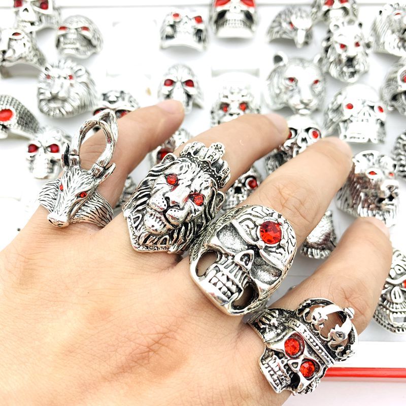 10 x Mens Skull Animals Rings Gothic Punk Style Fashion Jewelry Red ...