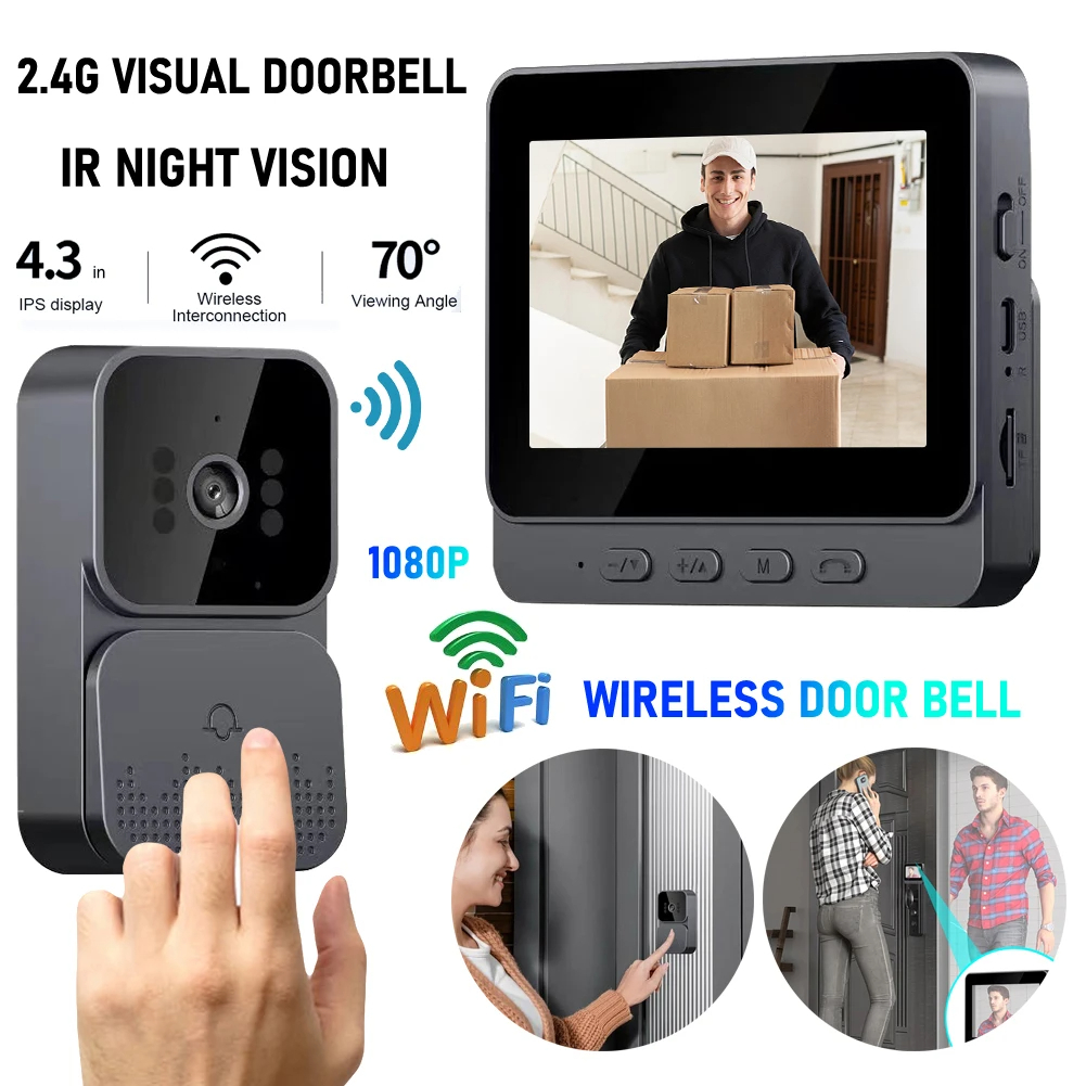 1080P WiFi Video Doorbell Video Intercom Wireless Door Bell IR Night Vision  IPS Screen 2-ways for Villa Home Office