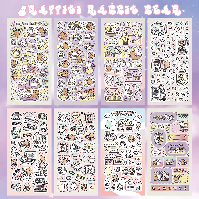 Korean Cute Cartoon Graffiti Rabbit Bear Stickers Hand Account Photo ...
