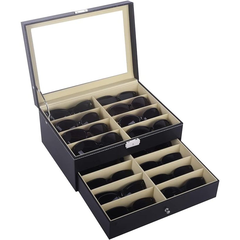 Leather 16 Piece Eyeglasses Storage and Sunglass Glasses Display Drawer ...