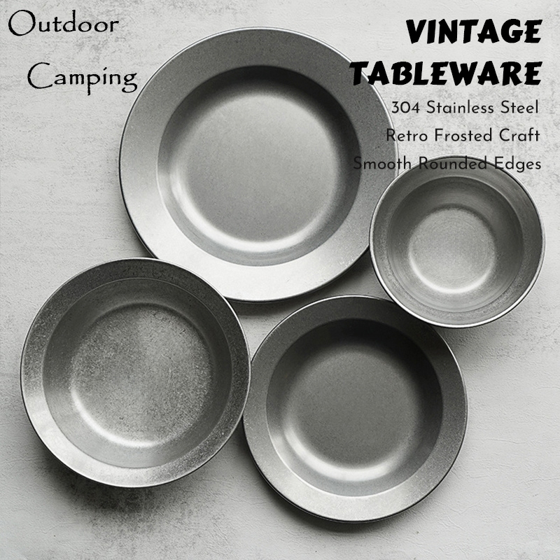 Stainless Steel Outdoor Dinner Plate 304 Stainless Round Plate Reusable  Picnic Dinner Plate Outdoor Camping Vintage Tableware Frosted Process