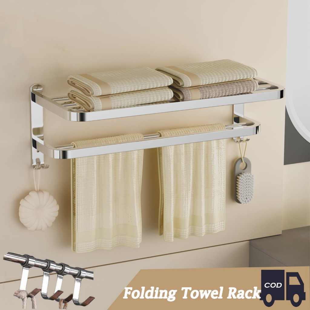 Foldable Stainless Towel Rack Wall Mount Drilling Free Toilet