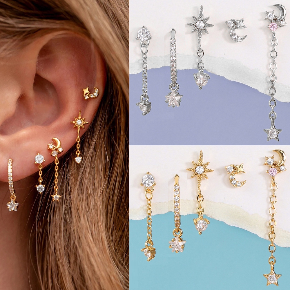 5Pcs Earring Set Star and Moon Dangle Earrings Chain Tassel Earring Set