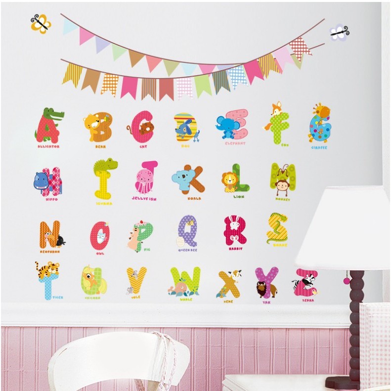 Cartoon Animal Alphabet Wall Stickers Removable Baby Nursery Decals ...