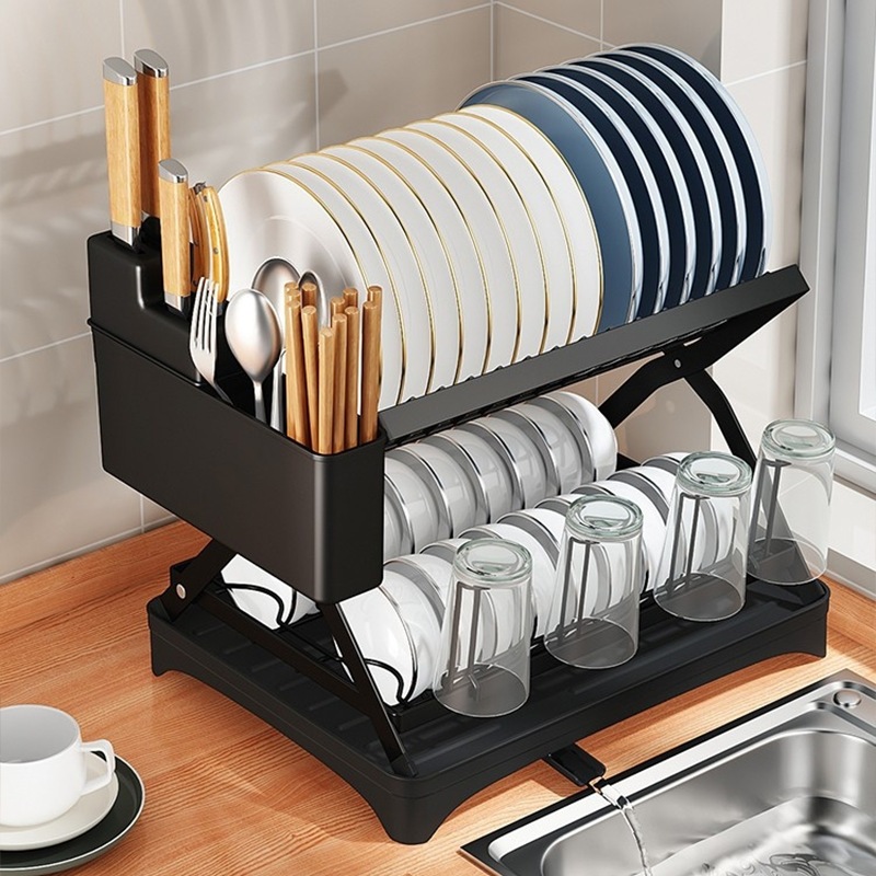 X Shape Dish Drying Rack Dish Drainer With Draining Tray Foldable Plate ...