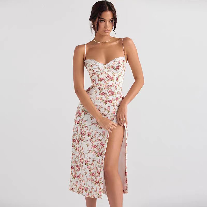 Floral dress Sexy Slim-Fit Versatile Slit Camisole long dress for