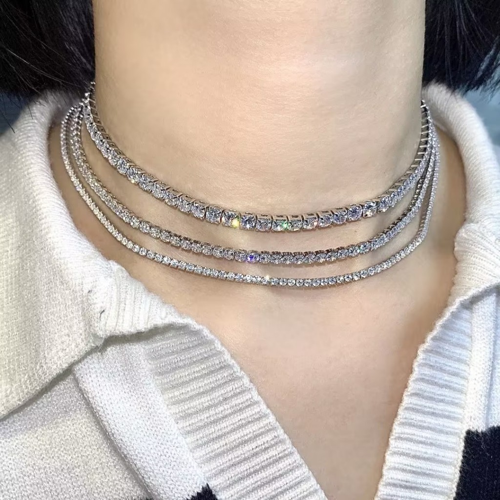 Platinum plated S925 sterling silver women tennis necklace inly 2mm 3mm 4mm  high carbon diamond Hip hop style extension chain necklace