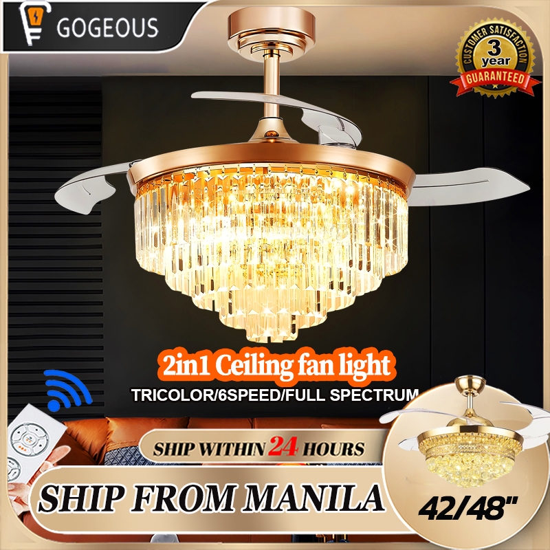GOGEOUS Ceiling Light With Fan 42inch Crystal Chandelier Inverter Fans Lights Nordic Celling Fan