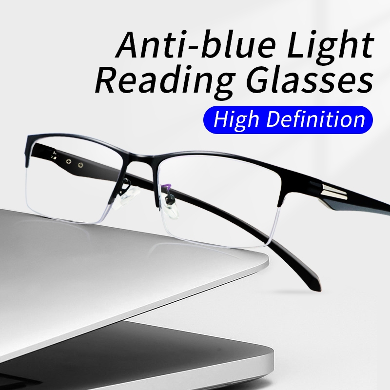 Blue Light Blocking Reading Glasses for Men,Stylish Half Frame Metal  Computer Readers, Lightweight, Anti Eyestrain/Glare/UV