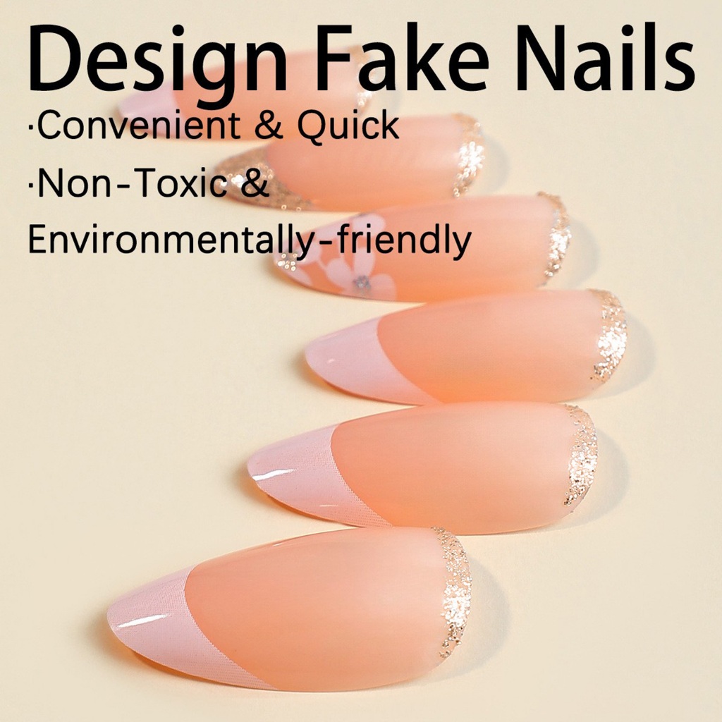 Nude with White Tip Almond Fake Nails Natural Unbreakable Nail Simple ...