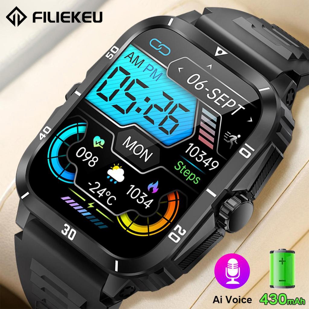 FILIEKEU Rugged Smart Watch HD Touch Screen 3ATM Waterproof  Bluetooth Call Heart Rate Calculator Weather Outdoor Sports Smartwatch