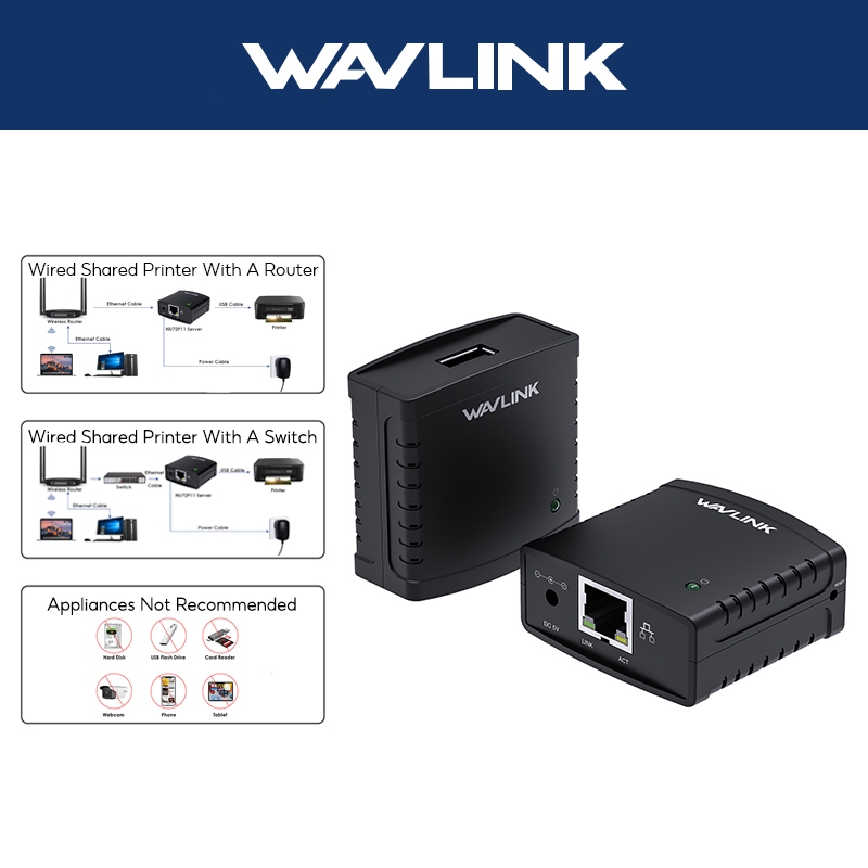 WAVLINK Print Server Wireless With LAN Wifi Printer Sharing Switch for