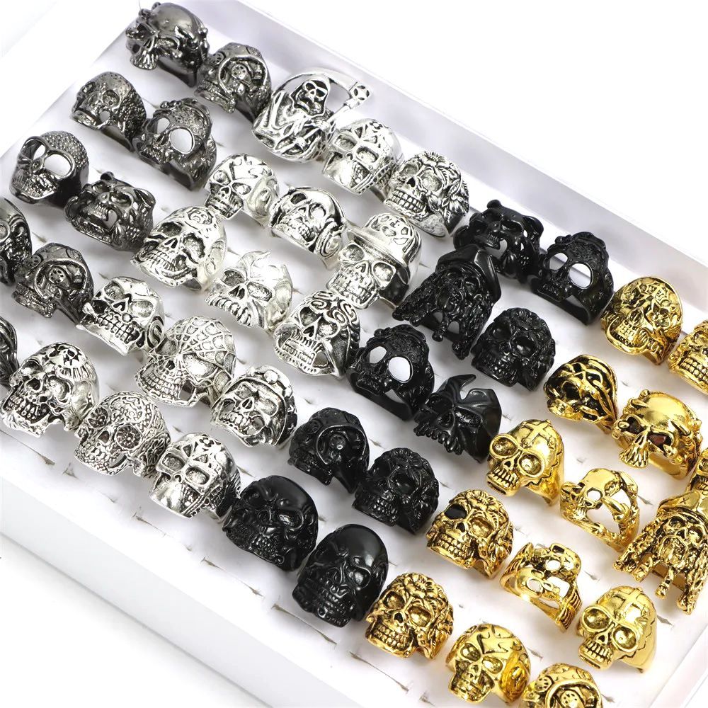 10PCs Gothic Punk Skull Rings For Men Fashion Jewelry Silver/Gold/Black ...