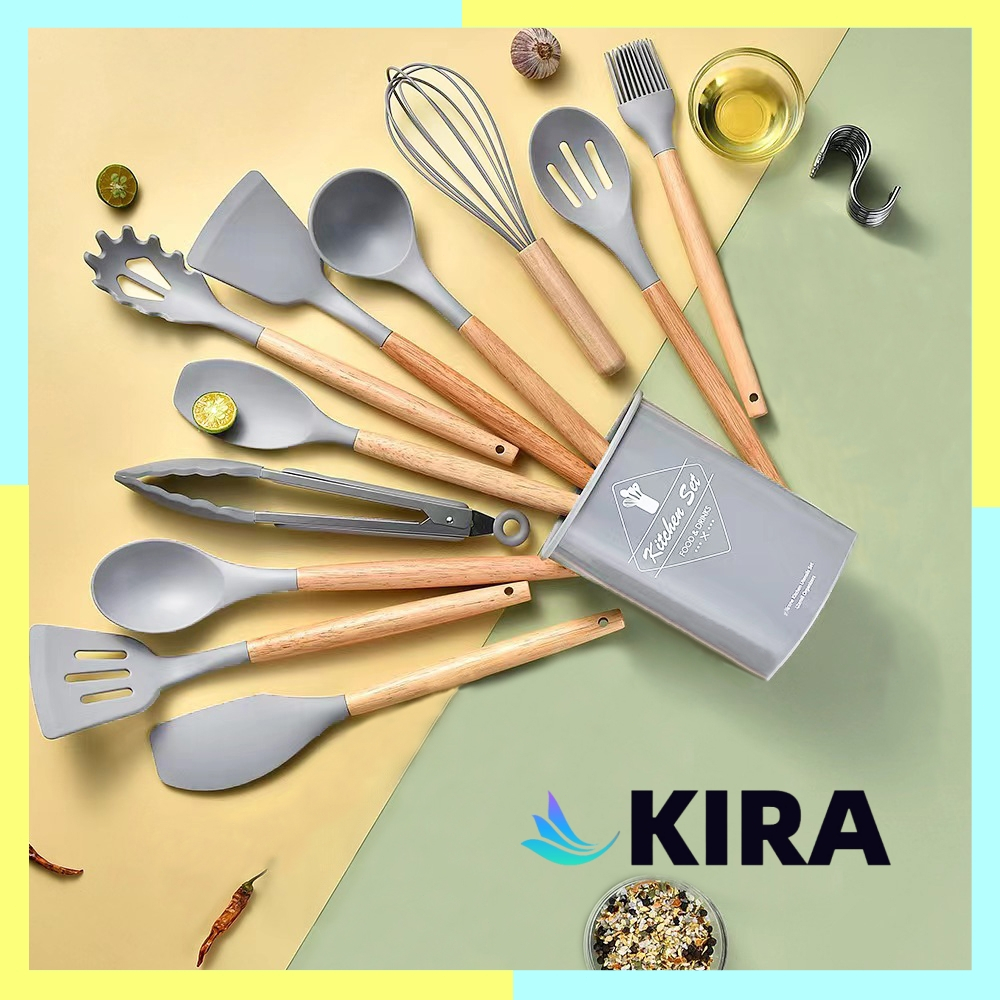 Kira Pcs Silicone Kitchen Utensils Set F Heat Resistant Cooking Utensil Set With Wooden