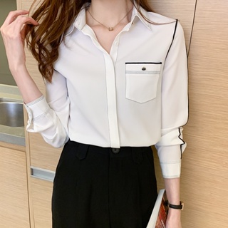 AFEG Korean shirt collar fashion loose temperament color chiffon long ...