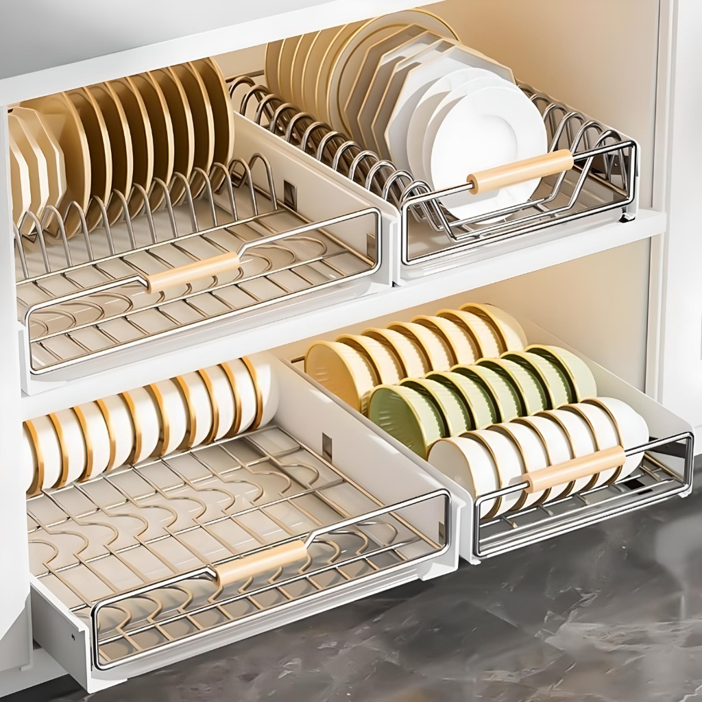 Stainless Steel Dish rack For Kitchen Cabinet Large Capacity Kitchen Plate  Organizer Pullout Dish Rack With Drainer Tray