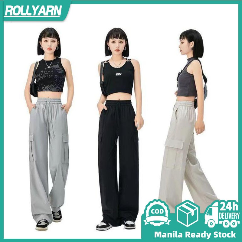 Girls Quick Dry Overalls Women's Loose Design Casual Wide Leg Pants Drawstring Belt Trousers