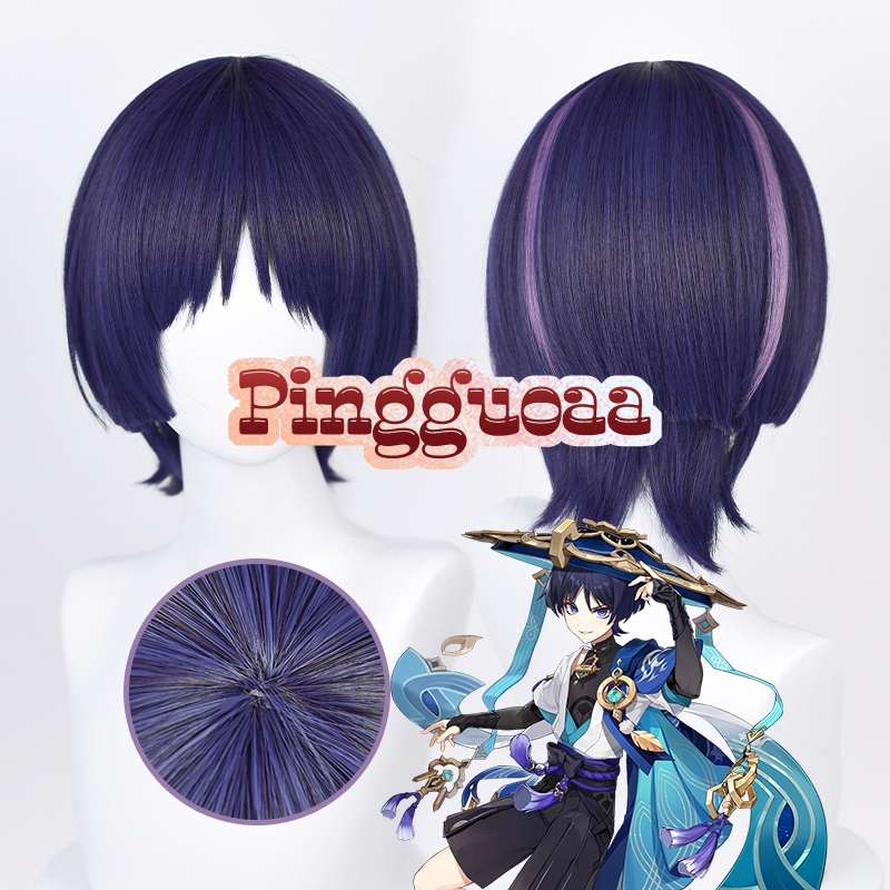 Genshin Impact Scaramouche Cosplay Wig 35cm Blue Purple Black Heat ...