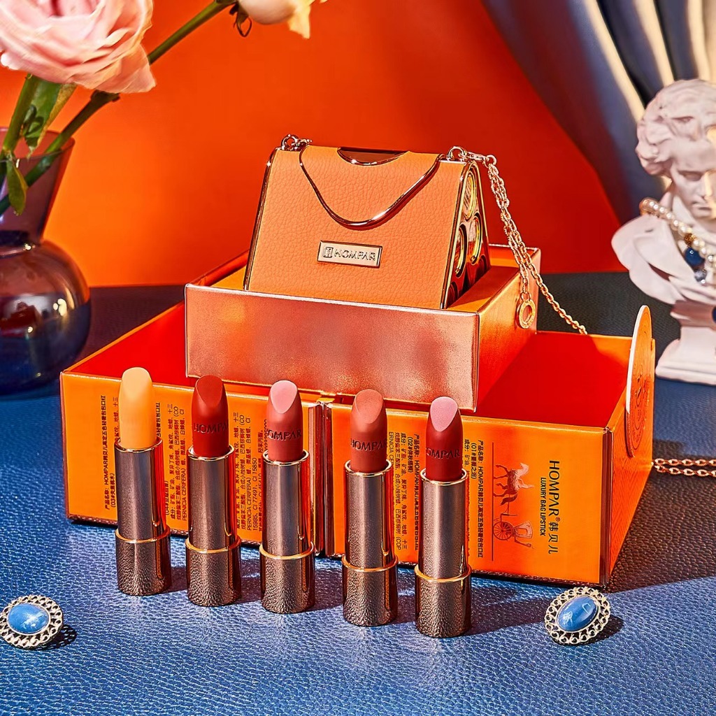 HOMPAR Lipstick 3pcs/Set Orange Luxury Chain Gift Box Set Leather Bag