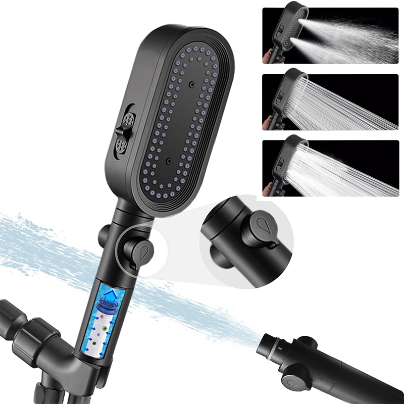 3 Modes High Pressure Large Flow Shower Head Black Water Saving Massage ...