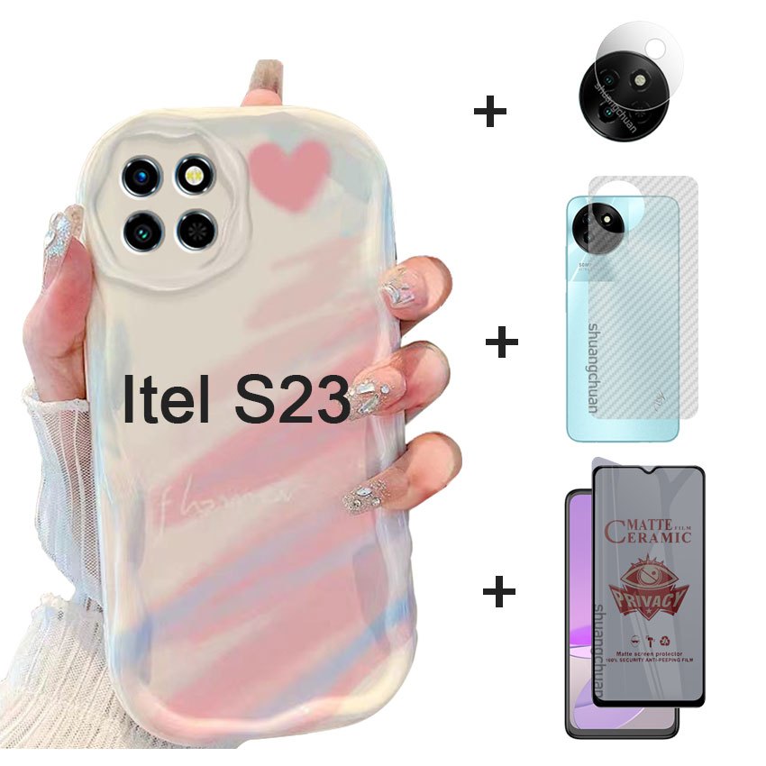 4in1 for Itel S23 case and Screen protector Fashion Gradient Wavy Edge Soft  TPU Protection Cover +Ceramic Soft Film+back film