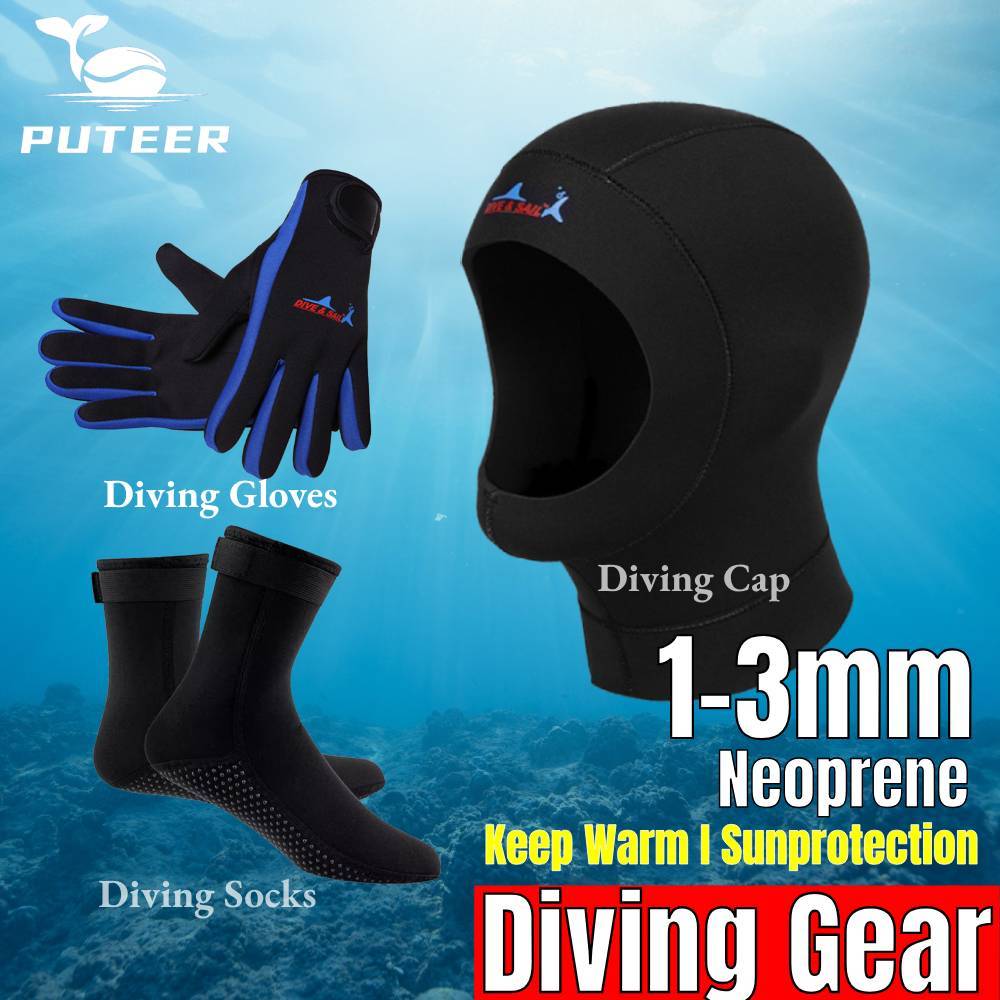 Puteer 3mm Neoprene Diving Wetsuit Diving Cap Hood Diving Mask and ...