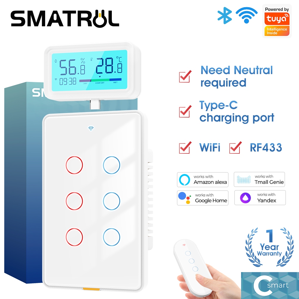 SMATRUL Tuya 2-Way WiFi Smart Touch Switch Light RF433 -Type-C Gang  110-240V For Tmall Genie, Alexa, Google Home