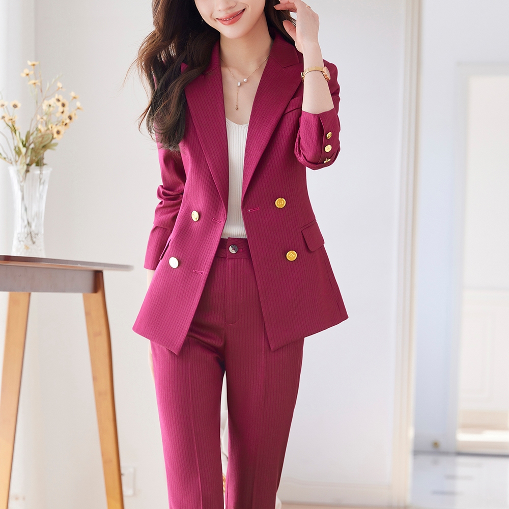 Ready Stock!!!Fashion Ladies Formal Pant Suit Women Rose red Orange Black  Stripe Jacket And Trouser Female Business Work Wear Piece Blazer Set