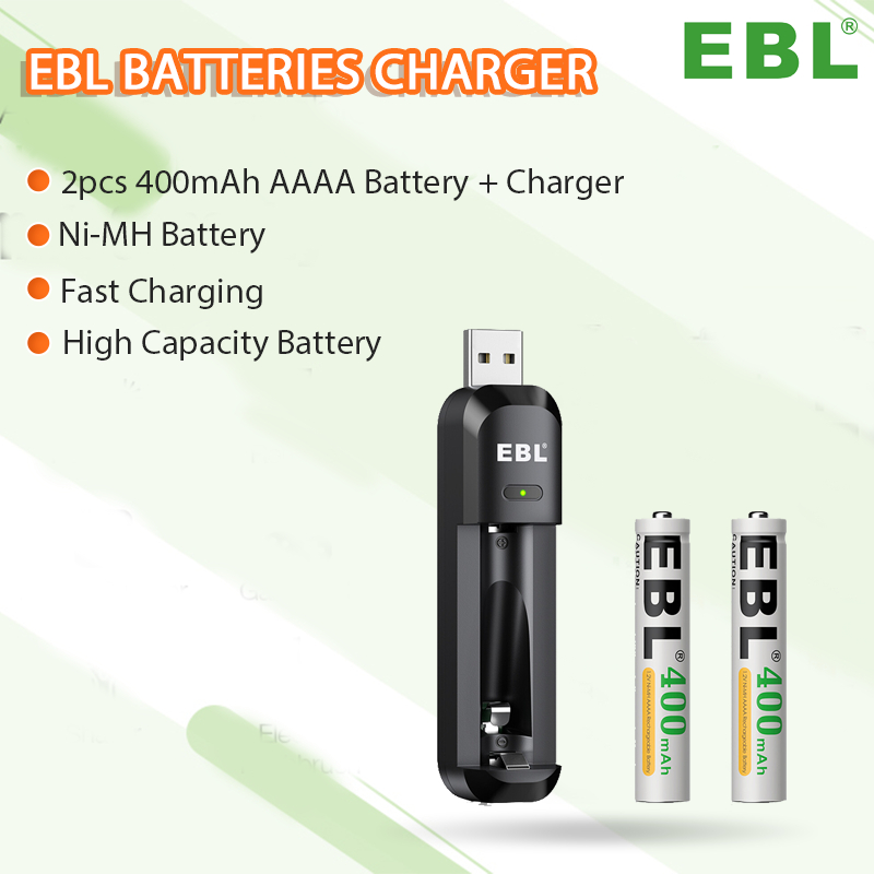 EBL 2pcs 400mAh AAAA Battery Charger Rechargeable High Capacity NiMH 1