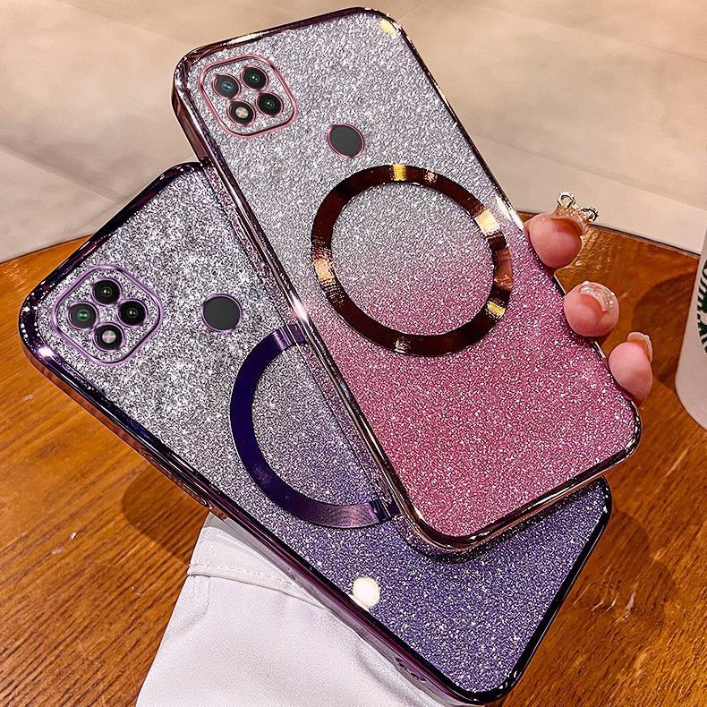 Casing Redmi 9C Redmi 10A Plating glitter phone case with magnetic suction  and anti drop lens for full coverage