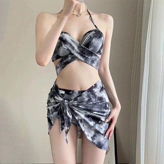 Sarong Bikini Set, Deep V Neck Tie Dye 3 Pieces Skirt Cover Up