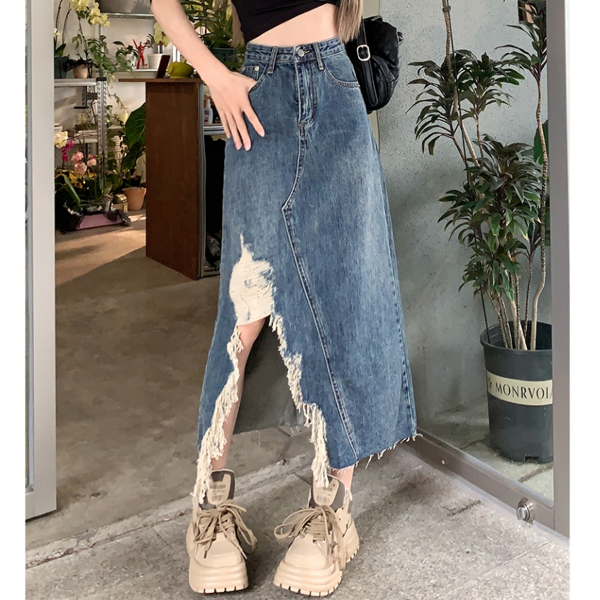 Korean Style High Waist Ripped Midi Skirt Casual Denim Skirt with Slit Loose Shopee Philippines