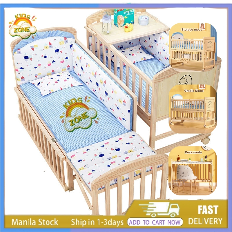 KIDS ZONE Baby Crib 7in1 Multifunction Cradle Bed Detachable Splicing Solid Wooden Crib For Baby