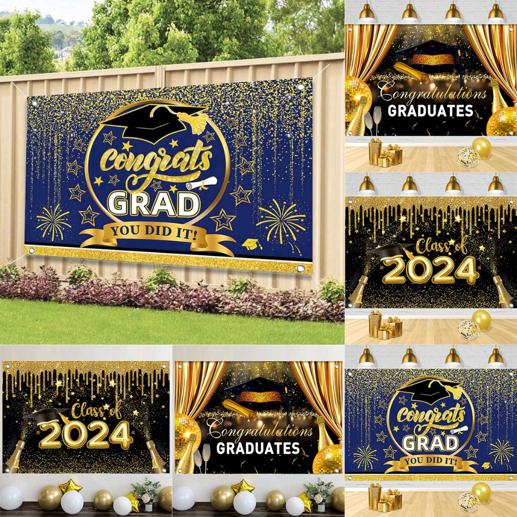 2024 Congratulation Graduates Backdrop Black Gold Glitter Graduation ...