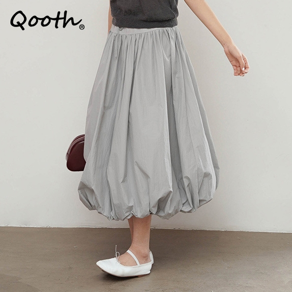 Women Casual Solid Color Long Lantern Skirt With Pocket Personality Elastic  Waist Flower Bud A-line Skirt QT2307