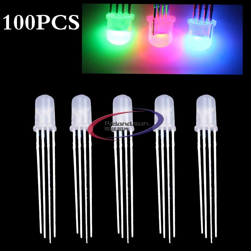 100pcs/lot 5mm RGB LED Common Cathode 4 Pins Tri-Color Emitting Diodes ...